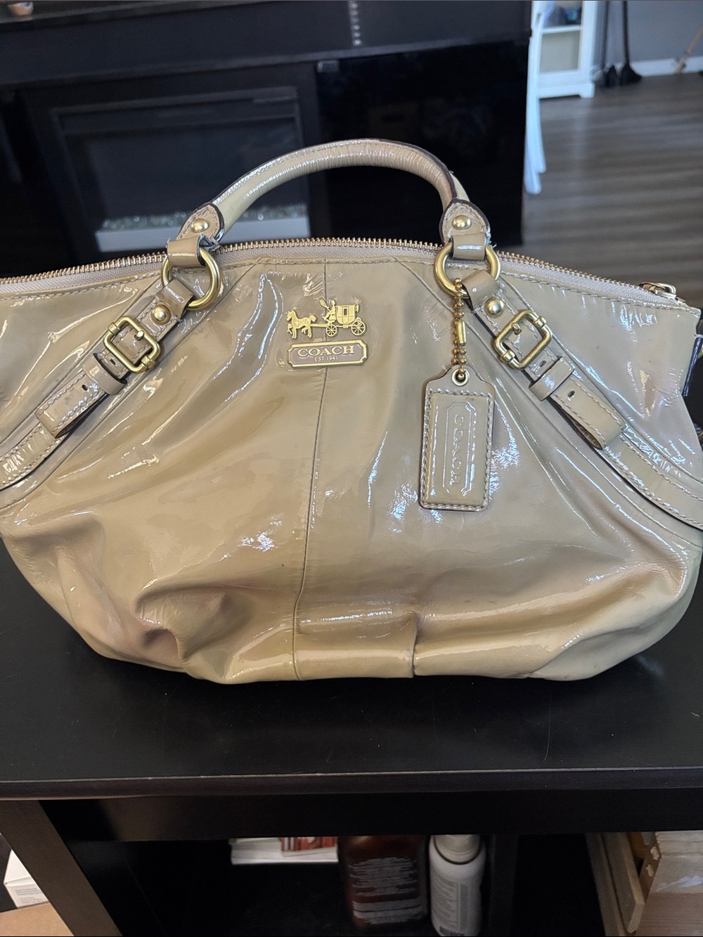 Coach Patent Leather Satchel in Beige Taupe with Gold Hardware